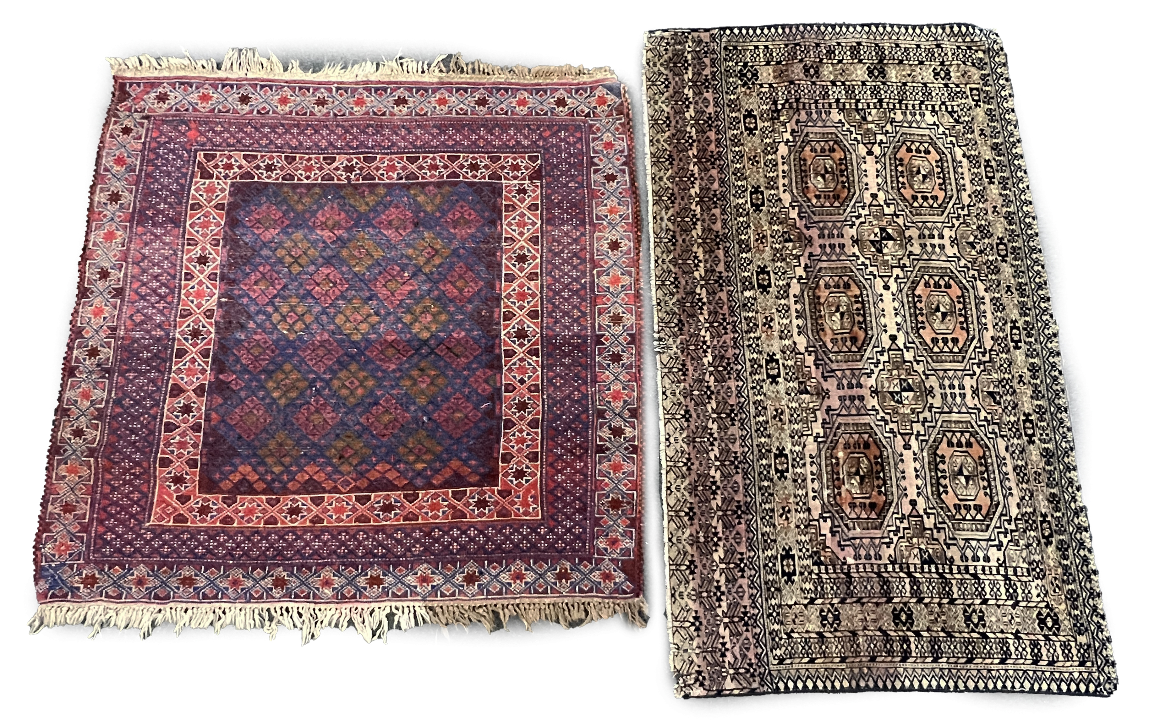 Two Afghan rugs / saddlebags, larger 104 x 108cm. Condition - fair